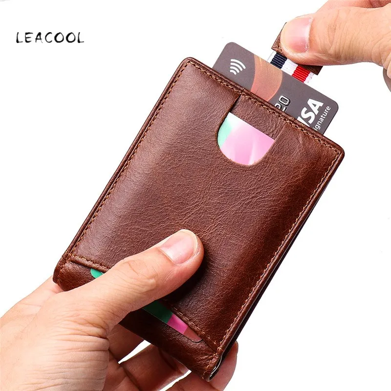 LEACOOL, натуральная кожа, RFID Блокировка, держатель для карт, подтягивается, кредитный зажим, кошелек, мини тонкий кошелек, для карт и Id, держатели, для мужчин, бизнес