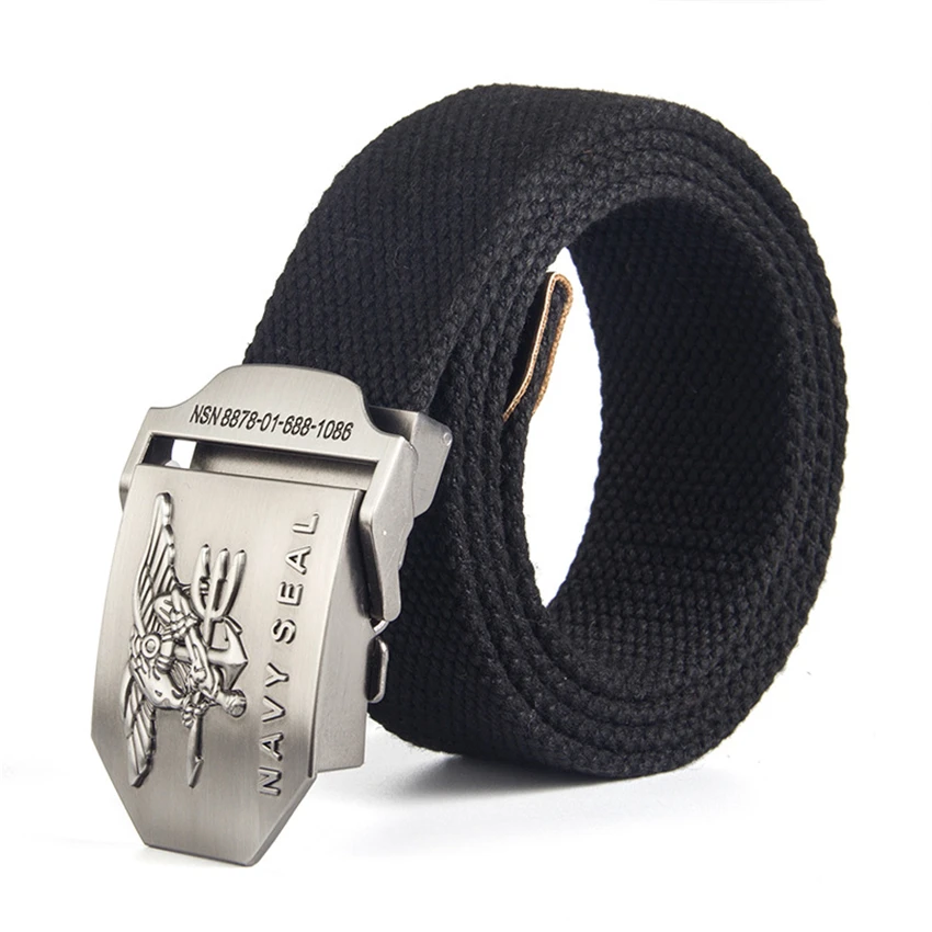 

12 Type Canvas Men's Belt Navy Seal Metal Smooth Buckle Striped Belt Male Eagle Alloy Army Belt Long Adjustable Black Waist Belt