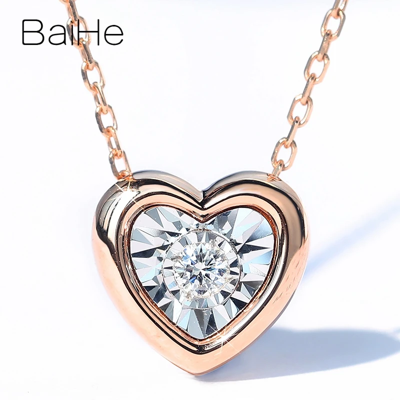 BAIHE Solid 18K розовое Белое золото около 0.05ct H/SI круглый натуральный бриллиант женские трендовые ювелирные изделия с бриллиантами в форме сердца подарочные ожерелья