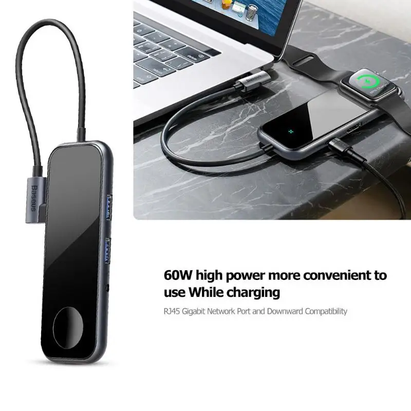 Baseus Type-C 3.0 HUB 2 USB3.0 4K/HD Audio PD Charging Adapter Splitter Dock chargers for Laptop PC for iWatch