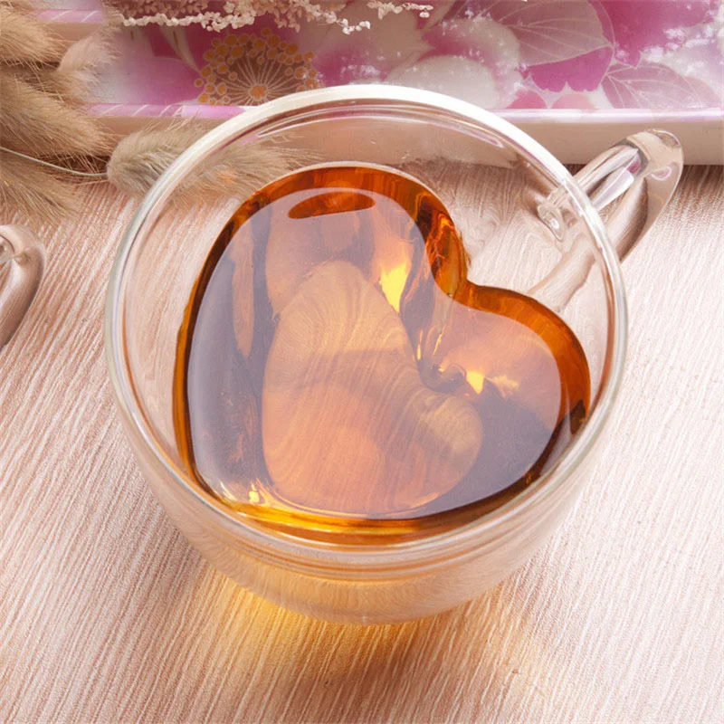 

Romantic love cup Glass Coffee Mug Reusable Tea Milk Bar Cocktail Glass Double Layer Love Type Insulated Drinking Cup