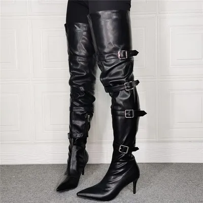 

New Buckle Leather Women Thigh High Crotch Boots Pointed Toe Sexy Ladies High Heel Runway Trendy Shoe Woman Over The Knee Boots