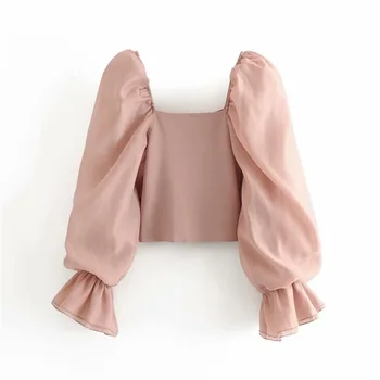 

2020 Summer Women's New Temperament Square Collar Puff Sleeve Short Top Elastic Cuffs Show Thin Organza Splicing Shirt