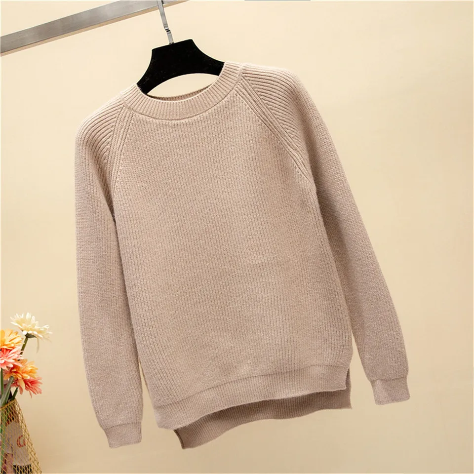 apricot Мягкий женский осенний модный вязаный свитер пуловер высокого качества Pull Femme новые зимние повседневные пуловеры с круглым вырезом и длинными рукавами - Цвет: apricot
