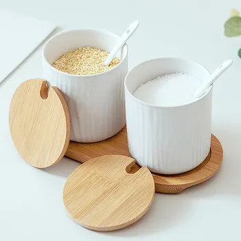Ceramic Seasoning Jar Lid Spoon Seasoning Pot Salt Shaker