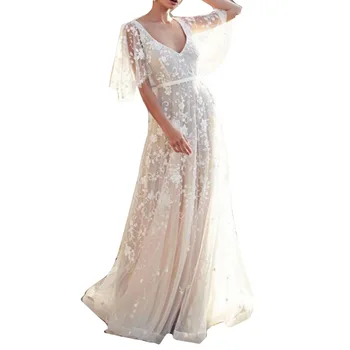 

Hot Beach Wedding Dress White Bridal Gowns Lace Appliques Train Casual V Neck Dress D6