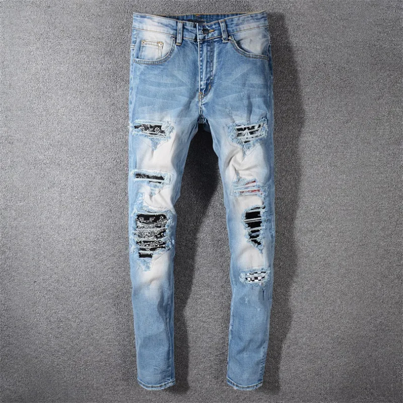

2019 New arrived Men's Distressed Artist Ripped Patches Pant Washed Stretch Blue Skinny Jeans Slim Trousers Size 29-42