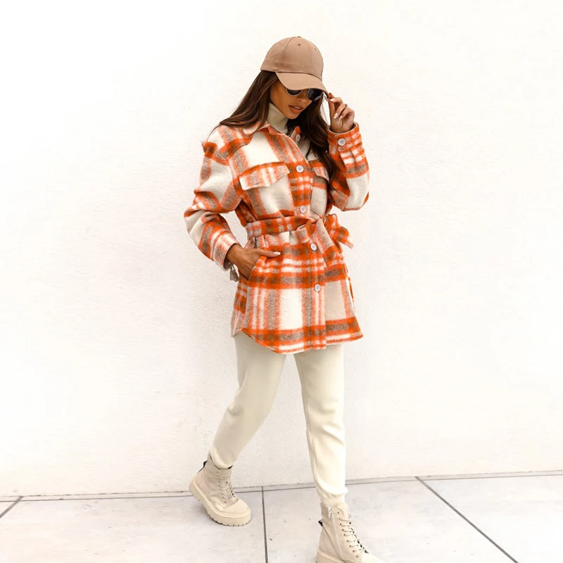 Belt Plaid Printed Women Straight Coat Single Breasted Fashion Thicken Jackets Casual Warm Outwear
