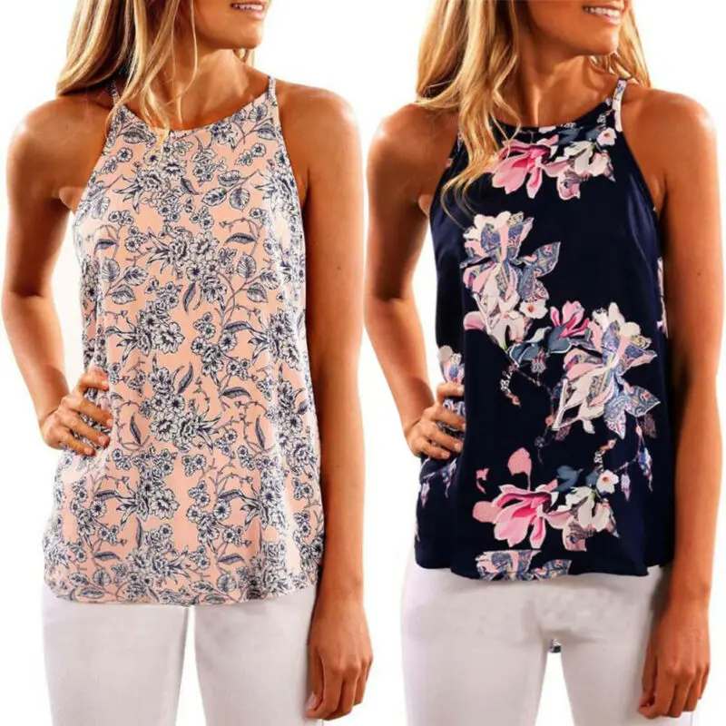

Summer Women Ladies Halter Backless Sleeveless Boho Floral Printed Fashion Vest Loose Tank Tops T-shirts
