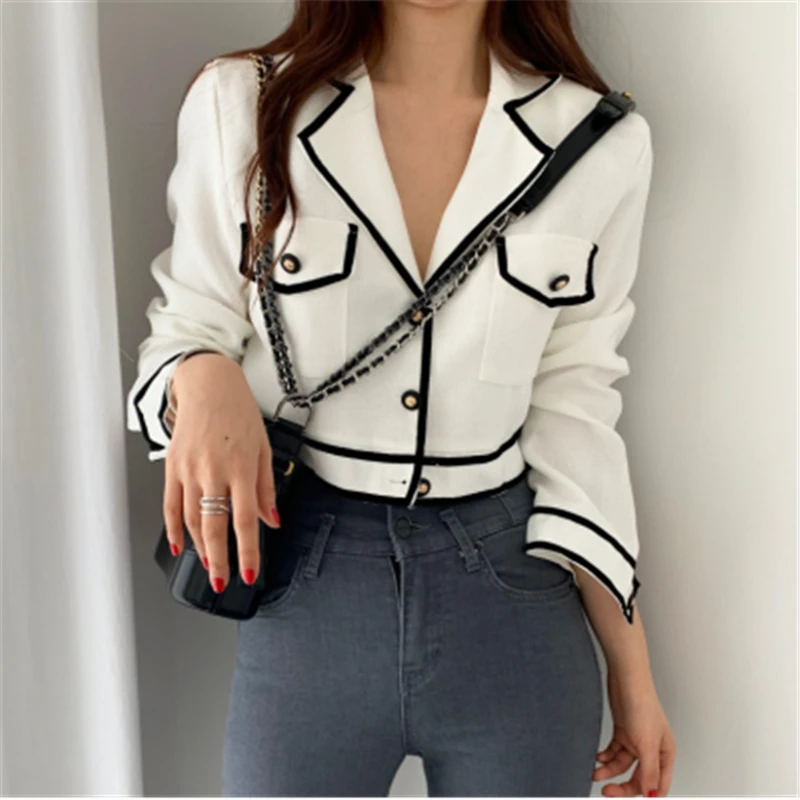 

New Women's Temperament Short Jackets Fall Korean V-neck Hit Color Straight Cropped Females Coats OL Elegance Outwear Tops