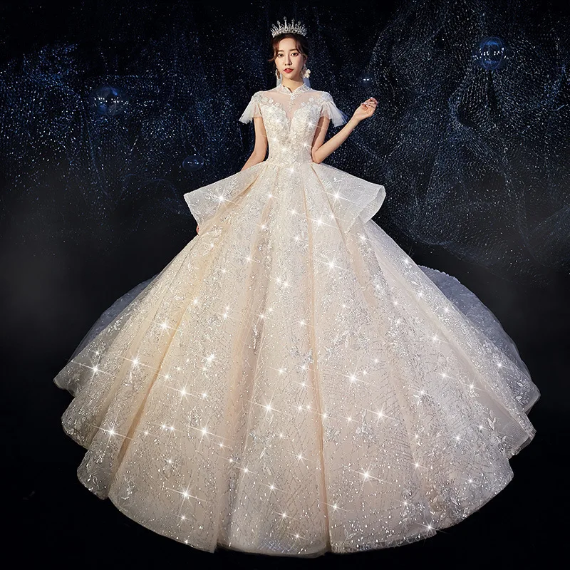 Vivian's Bridal популярное роскошное свадебное платье с цветочным принтом Милое Свадебное платье с кисточками и коротким рукавом с рюшами и блестящими пайетками