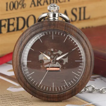 

Wood Pocket Watch Quartz Movement Silver Hanging Chain Hollow Dial Ebony Vintage Pendant Clock Gifts Relogio De Bolso Men Watch