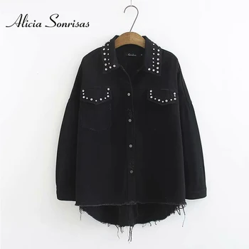 

2020 Women Spring Beading Denim Jacket Retro Rivets Oversized Jeans Jacket Loose Single Breasted Street Fashion Outerwear