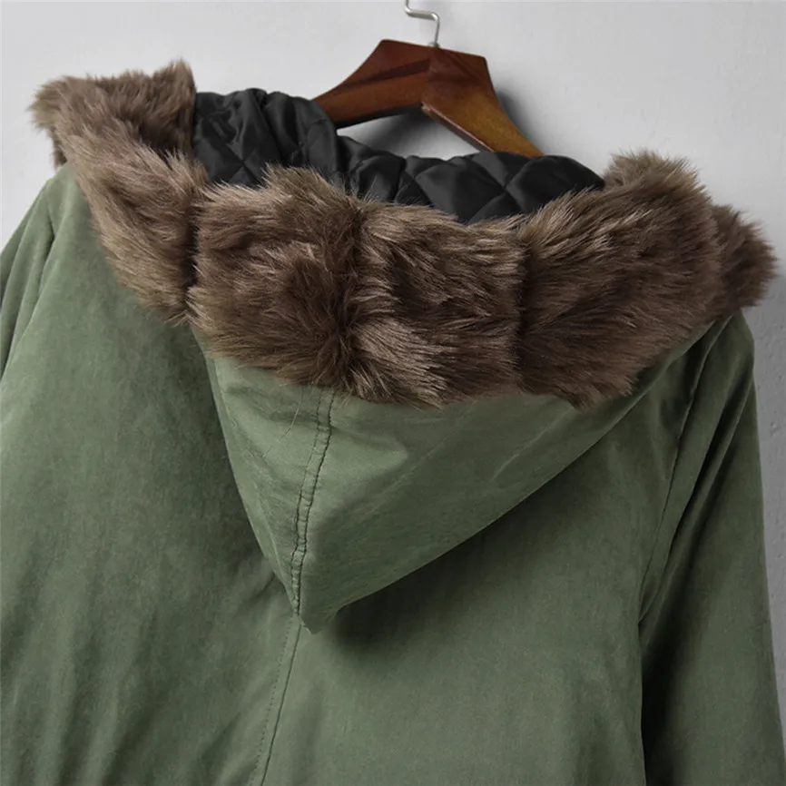 Womens Faux Fur Winter Jacket Parka Hooded Coat Fishtail Long Sleeves Overcoat Cotton Fleece Female Parkas Plus Size M-3XL
