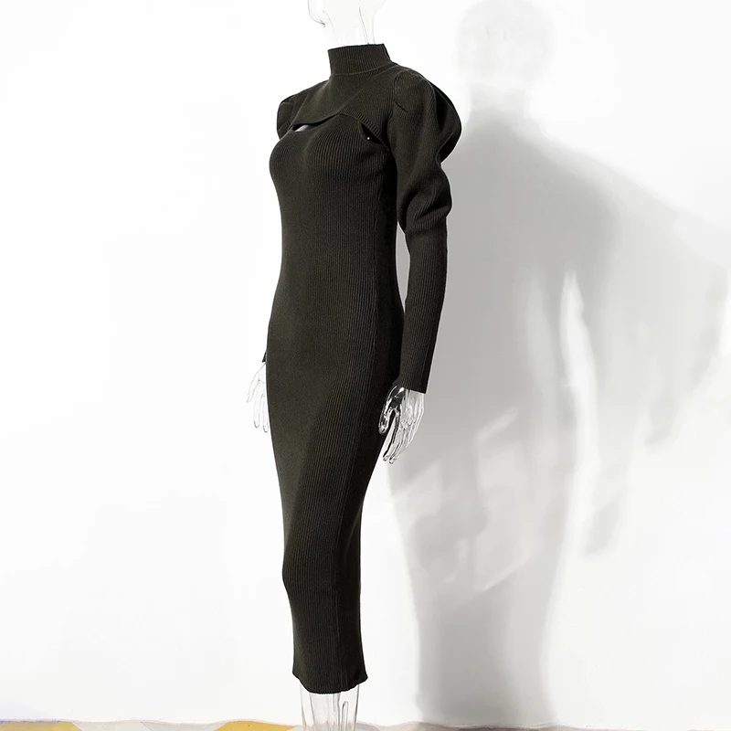 ECRURANI Casual Two Piece Set For Women Long Sleeve Tops Round Neck Sleeveless Slim Side Split Dress 2021 Females Dresses Suits