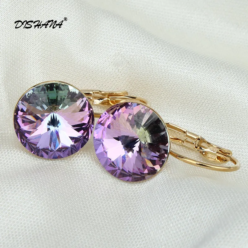18k gold plated Модные серьги, новинка, подарок для женщин, висячие серьги 14 мм, фиолетовые, белые, супер большие украшения с кристаллами серьги, элегантные висячие серьги E0097 - Окраска металла: 18k gold plated