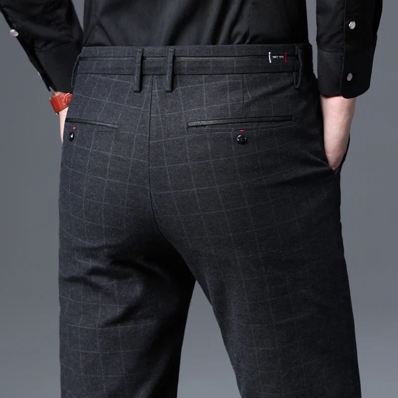 Casual Pants Autumn New Men's Slim Plaid Casual Pants Fashion Soft Stretch Business Work Trousers Gentleman Brand Clothes Black Blue