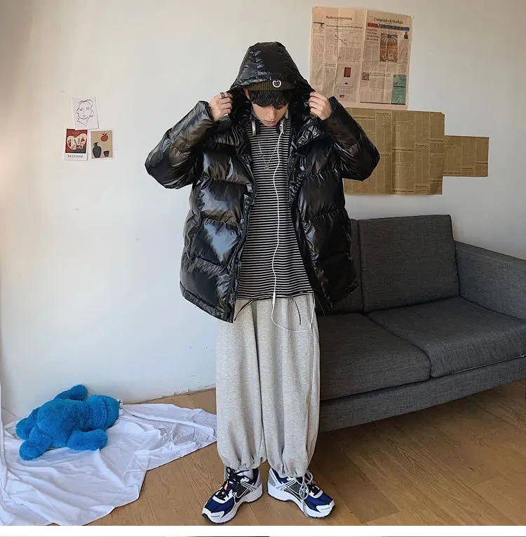 Cotton-padded Jacket New Style Men's Silver Bright Surface Hooded Cotton Coat Men's Popular Brand INS Northeast Cold Nation
