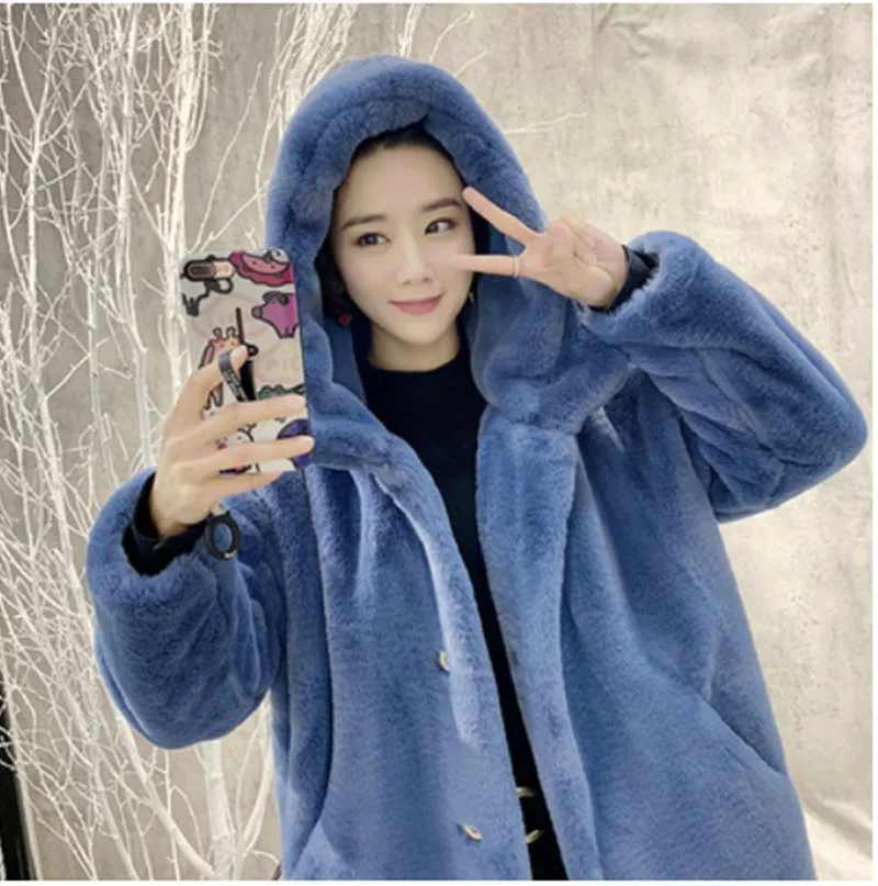 blue Зимнее Новое Женское пальто из искусственного меха, имитация меха норки, утолщенное меховое пальто, длинное пальто с капюшоном, большой размер, Меховая куртка, плюшевое пальто для женщин - Цвет: blue
