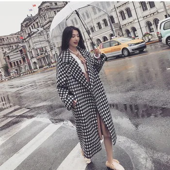 

[EWQ] 2020 Winter New High Quality Long-sleeved Lapel Plaid Print Patchwork Loose Women Woolen Overcoat large size3AC165