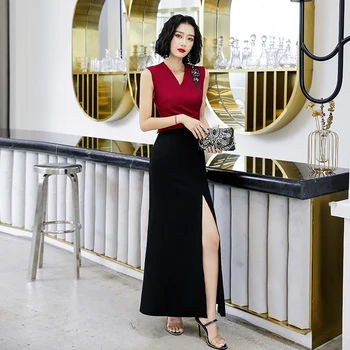 

Elegant Lady Black-burgundy Formal Party Dress Sexy Sleeveless High Split Mermaid Qipao Cheongsam Large Size 3XL Robe De Soiree