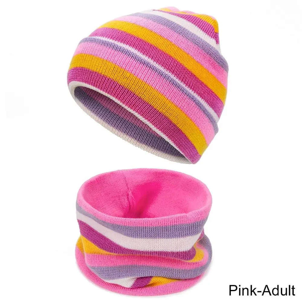 Зимний теплый комплект из вязаной шапки и шарфа, Skullies Beanies для детей, женская шапка и шарф, спортивный комплект для девочек 5-16 лет - Цвет: Pink Adult