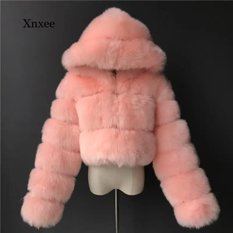 

Winter Hooded Faux Fur Coat Fashion Womenwarm Solid Furry Overcoat Elegant Plush Crop Jacket Femme Clothing Streetwear