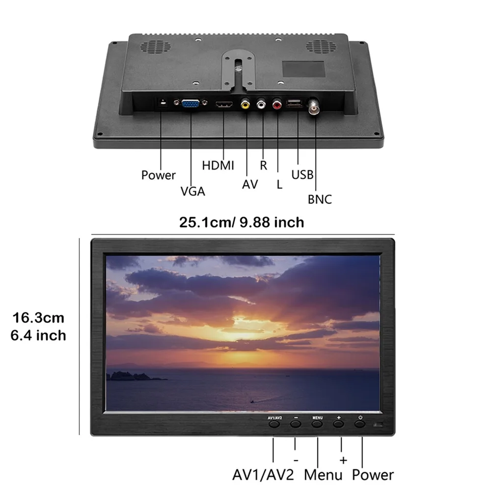 LCD HD PC 모니터, 미니 TV 컴퓨터 디스플레이, 2 채널 비디오 입력, 휴대용 보안 모니터, 스피커 HDMI VGA, 10.1 인치
