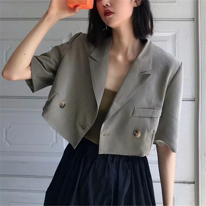 High Street Chic Women's Short Blazers Half Sleeves Personality Frayed Coats Early Autumn Female Outerwear Double Breasted Coat