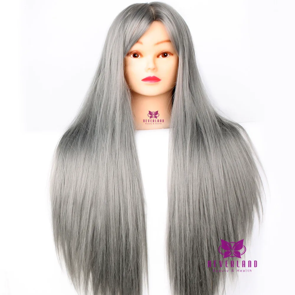 Neverland Training Head Mannequins Synthetic Heads Hairstyles+ Stand 28" 70cm Grey Hair Hairdressing Long Hair Dummy Doll