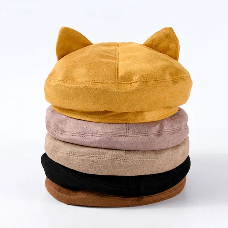 Береты с 3D кошачьими ушками для женщин PU береты женские регулируемые однотонные береты шляпа новые осенние шапки