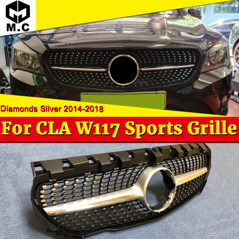 W117 бриллианты Передняя решетка гриль ABS серебро для CLA-Class W117 Cla180 Cla200 Cla250 Cla45 без знака вид передняя решетка-в