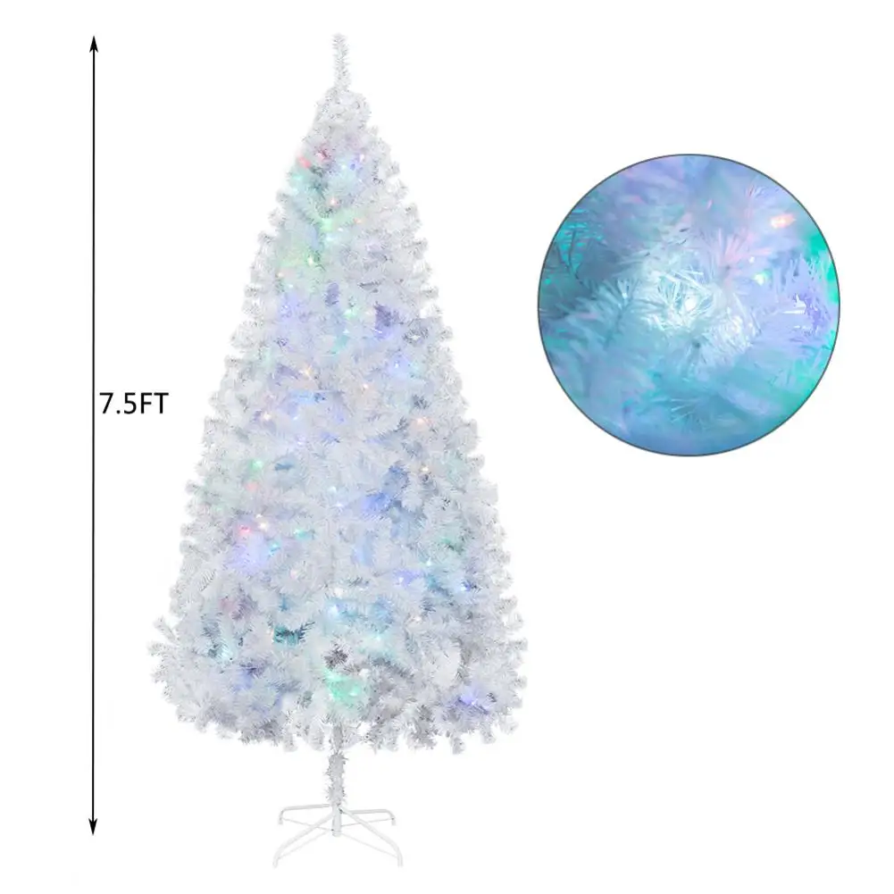 

Xmas New Year Tree 2019 Christmas Tree Artificial 7.5FT Iron Leg White Tree with 1200 Branches & 250 Colorful LED Lights