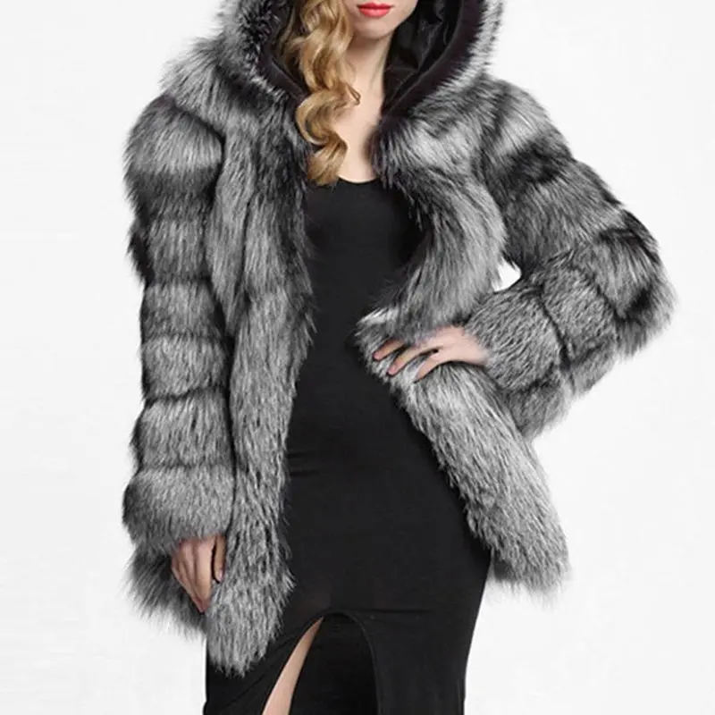Winter Warm Faux Fox Fur Coats Women Plus Size Thick Jacket Casual Hooded Color Outwear Fake Fur Oversized Overcoat Female
