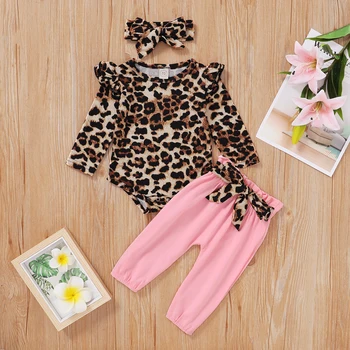 

Pudcoco Newborn Baby Girl Clothes Flower/Leopard Print Long Sleeve Romper Tops Long Pants Headband 3Pcs Outfits Casual Clothes