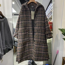 Зимнее твидовое шерстяное пальто с длинным рукавом, женское свободное винтажное клетчатое длинное пальто, женская верхняя одежда v1194