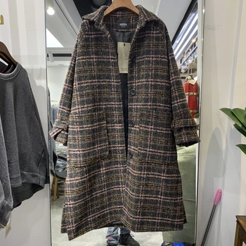 

2020 Winter long-sleeved tweed Woolen Coat Women loose vintage plaid Long Trench Coats female Outerwear v1194