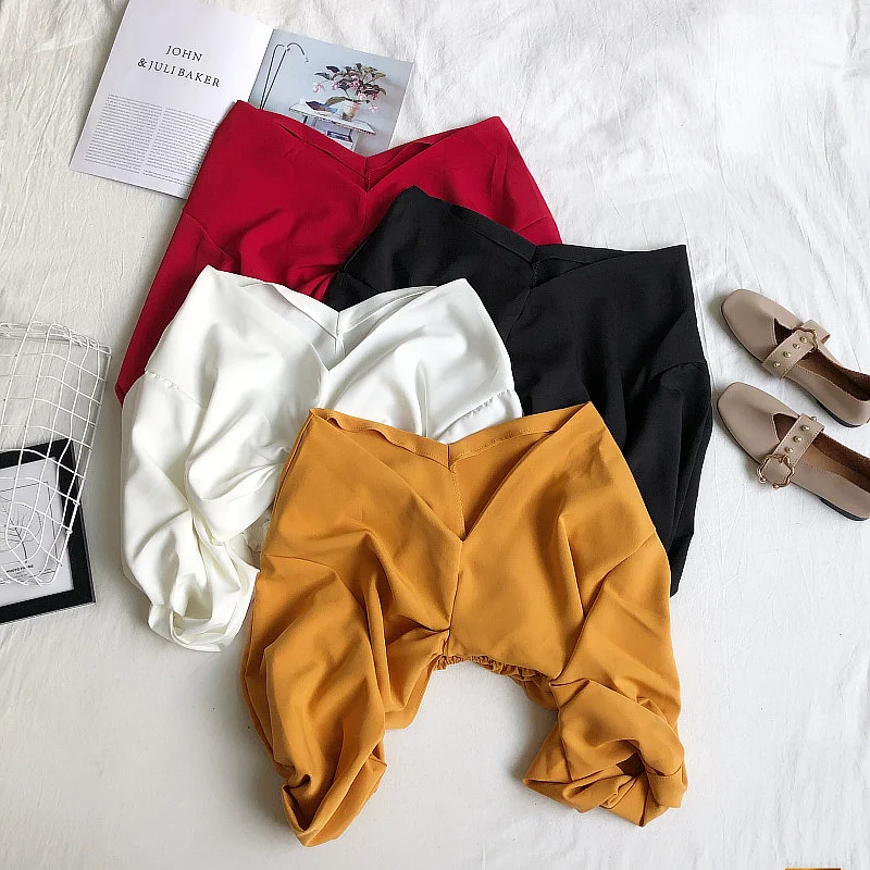 Neploe V Neck Sexy Off Shoulder Puff Long Sleeve Blouse Women Korean Tie Design Slim Short Blusas Spring 2020 New Shirt 49109