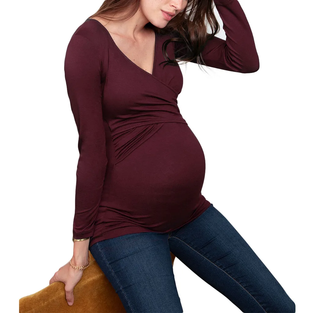 Одежда для беременных, женская блузка для грудного вскармливания, для беременных, с v-образным вырезом, с длинным рукавом, однотонная, с оборками, для кормящих, блузка для беременных женщин, Топы s