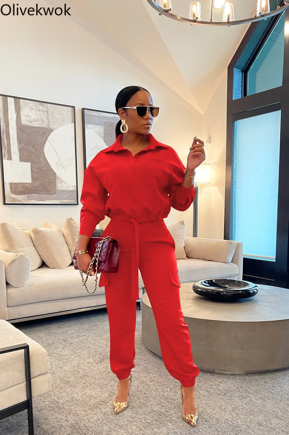 Olivekwok 2021 Woman Pants Sets Long Sleeve Tracksuits Fashion Solid Casual Spring/Autumn Turn-down Collar Two-piece Suits |