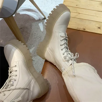 Fondo transparente-Botines de plataforma de suela gruesa para mujer, Botas Militares con cordones, botines bajos, color blanco