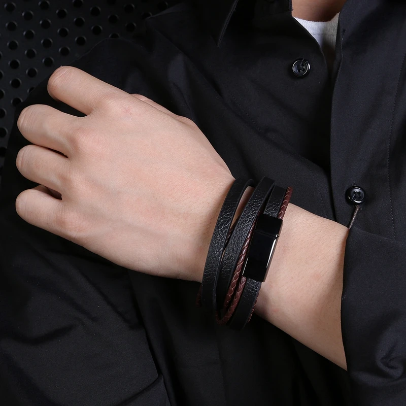 Fashion Brand Jewelry Men Black Leather Rope Chain Stainless Steel Bracelet Man Vintage Hand Strap Women Bracelets 043