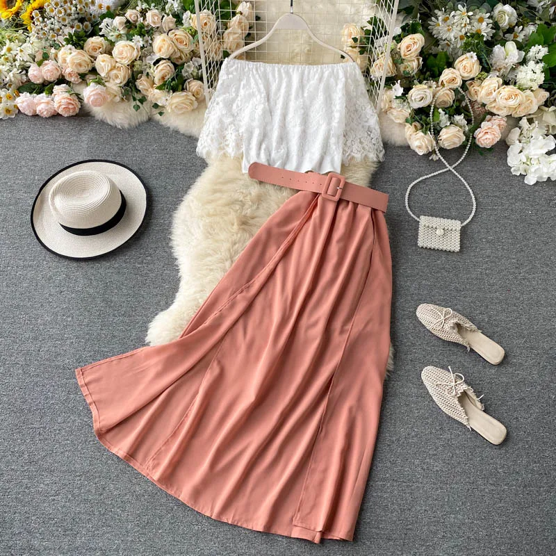 Женский костюм с открытыми плечами кружевной плиссированный короткий топ и