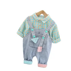 Vêtements à carreaux printemps automne pour bébés garçons et filles, chemise et pantalon, pièces/ensembles coton, vêtements de sport pour nourrissons, salopette décontractée pour enfants en bas âge 