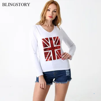 

BLINGSTORY Casual Long Sleeve Women T-shirt Femme Cotton Plus Size Sequin Flag Tee Oversized V-neck Tops S-6XL