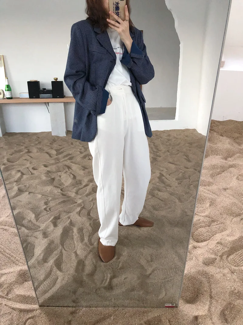 Autumn Vintage Blue Check Sense of Design Small Suit Slit Loose-Fit Leisure Suit Coat Tops WOMEN'S Dress