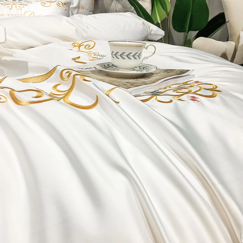 Glossy Soft Satin Silk Cotton Gold Embroidery Bedding Set Double Duvet Cover Set Bed Linen Fitted Sheet Pillowcase Home Textile