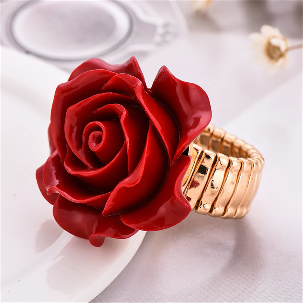 Fashion Statement Finger Ring Resin Rose Flower Gold-Color Adjustable rings For Women Wedding party Red Colors
