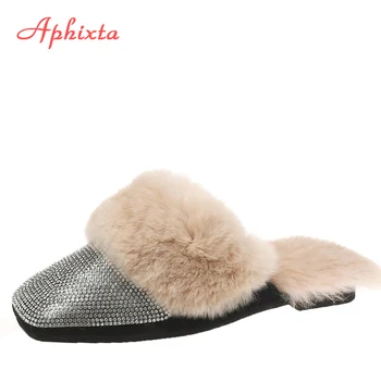 

Aphixta Real Fur Winter Warm Slippers Women Crystal Bling Mules Woman Women's Furry Slippers Shoes Women Flat Rabbit Hair Slide