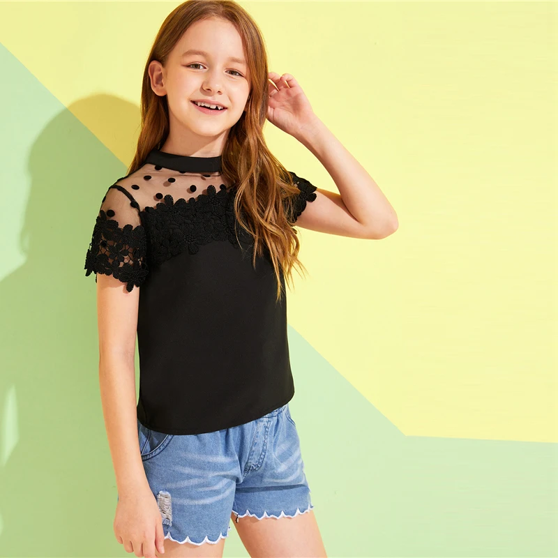 SHEIN Kiddie/Милая однотонная блузка с воротником-стойкой и оборкой для девочек детская одежда г., летний рукав-волан, топы с оборками на пуговицах сзади